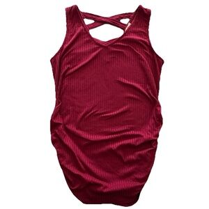 Full Moon Maternity Tank Top L Red Ribbed Stretch Ruched Side Criss Cross Back